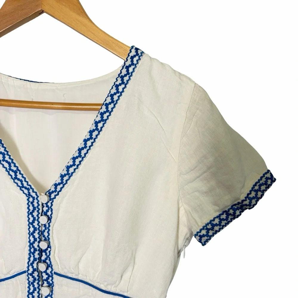 J. Crew 100% Linen Embroidered White Midi Dress with Blue Trim V-Neck, US 6 - Picture 4 of 16